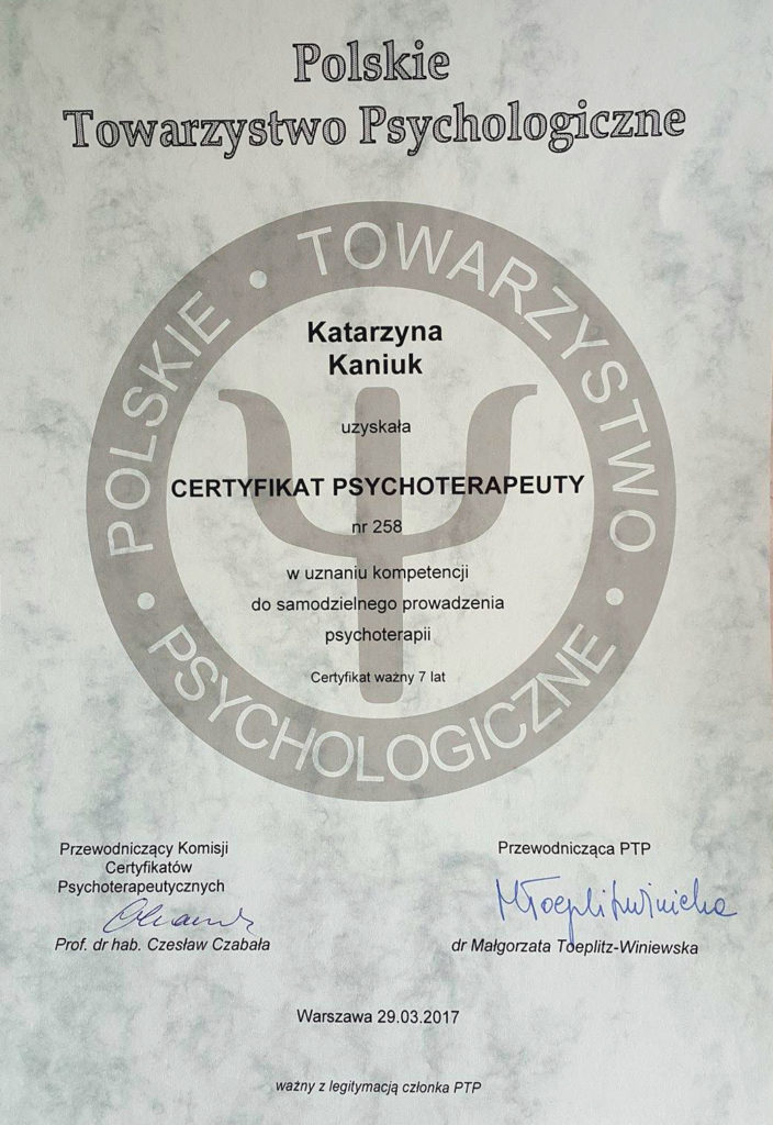 certyfikat Polskiego Towarzystwa Psychologicznego Katarzyna Kaniuk